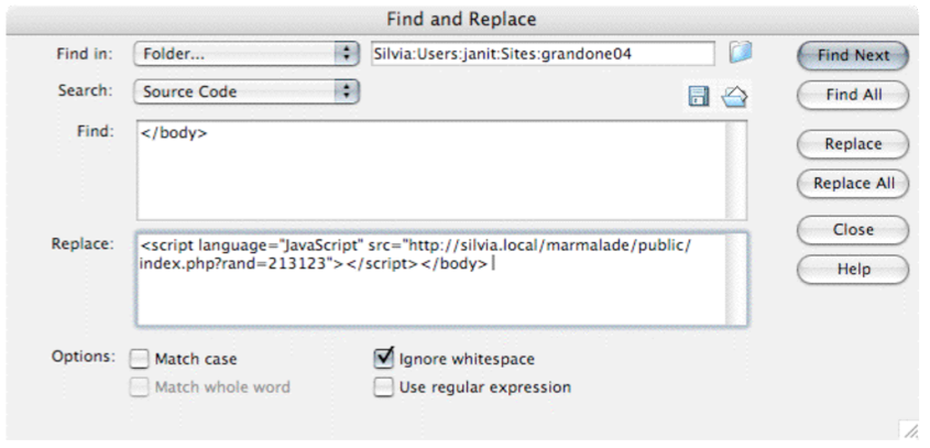 Macromedia Dreamweaver search and replace interface