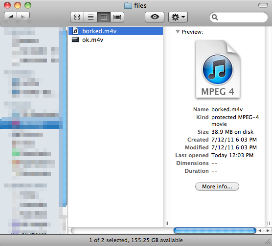 Finder showing the broken files